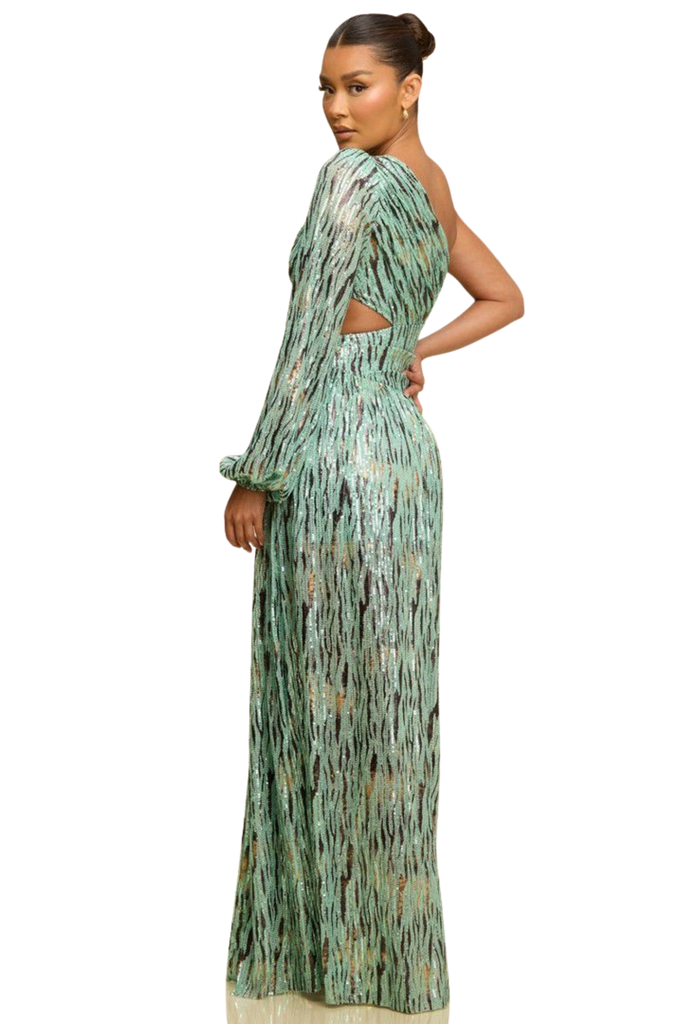 One Shoulder Sequin Mesh Gown-DRESS-Intrigue