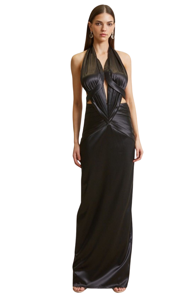 Xena Pleated Plunge Satin Dress-DRESSES-Intrigue