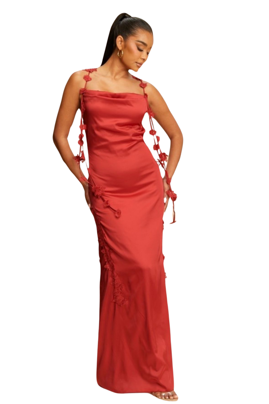 fitted lace wedding dress Elegant Floral Lace Spaghetti Strap Maxi Dress – Aurohaya main image 0
