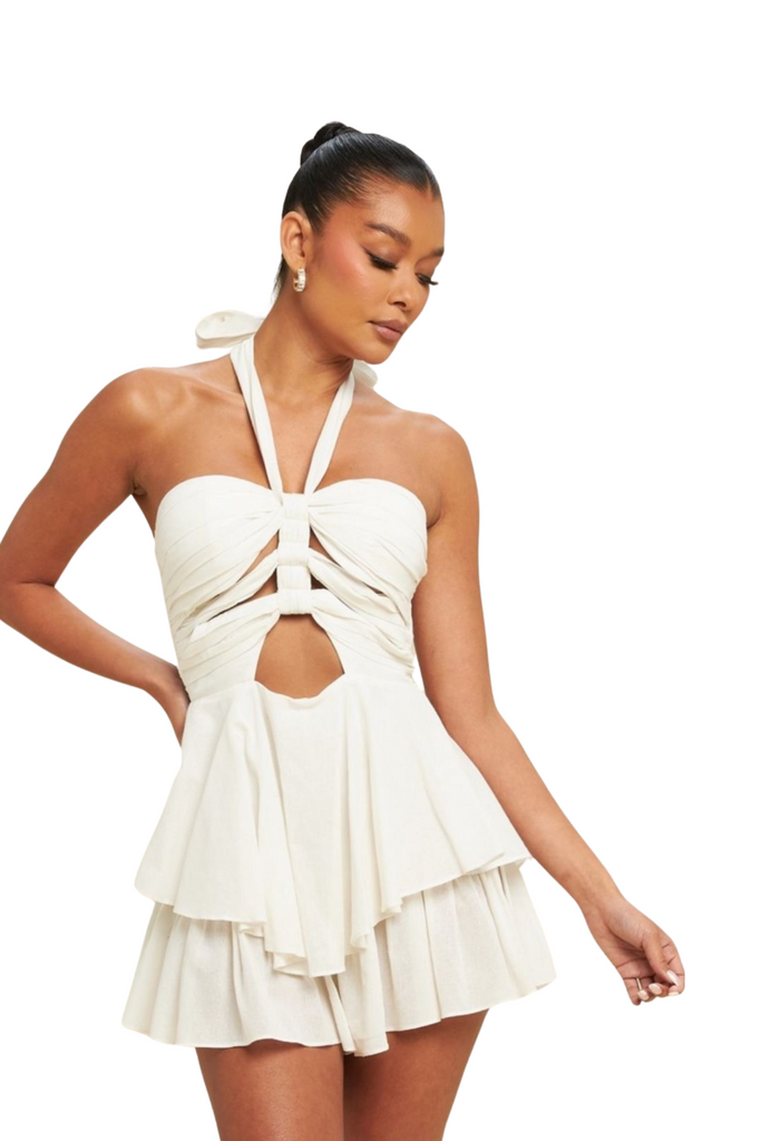 Barbi Halterneck Romper-Rompers & Jumpsuits-S-White-Intrigue