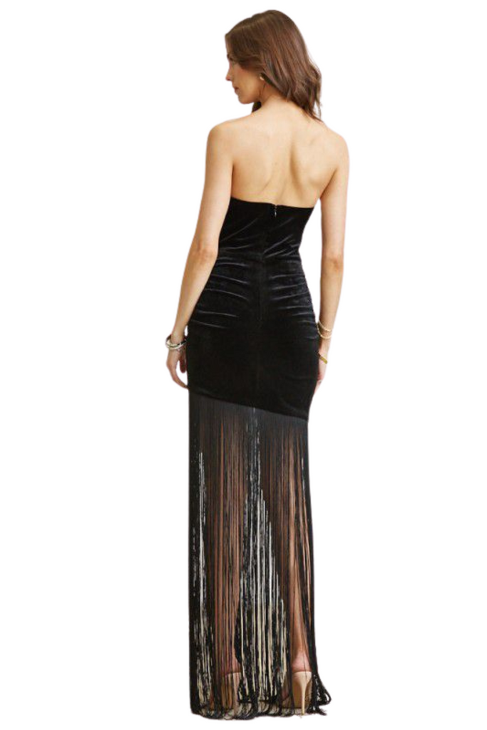 Pearl Gold Trim Fringe Velvet Dress-DRESS-Intrigue