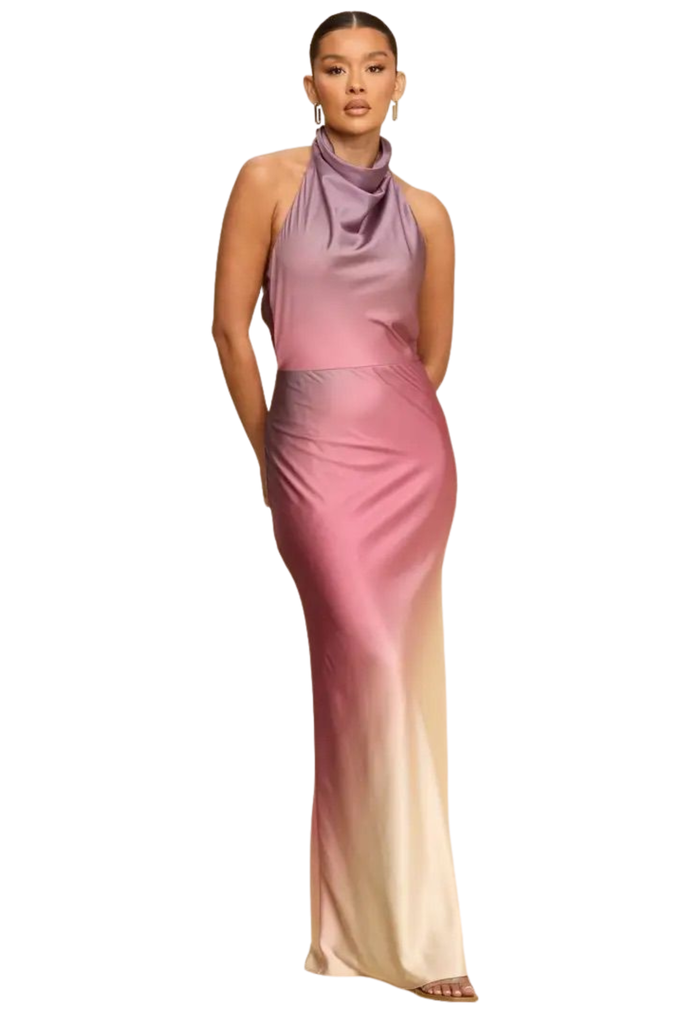 Ombré Halter Cowl Dress-DRESS-Intrigue