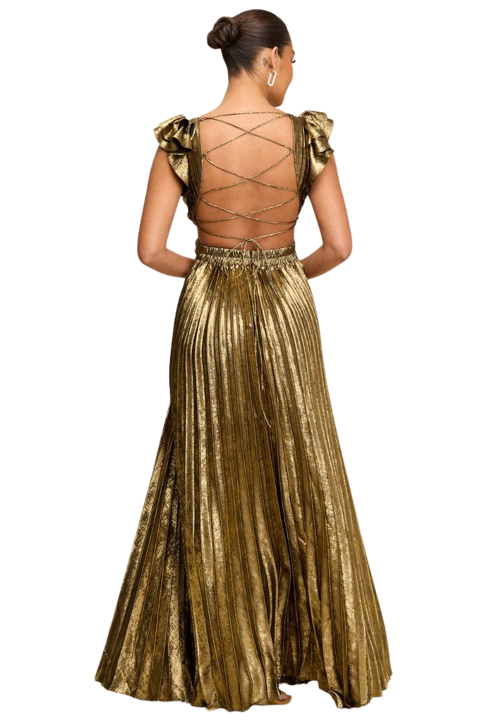 Metallic Pleated Maxi Dress-DRESS-Intrigue