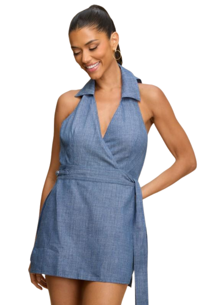 Denim Cross Front Romper-Rompers & Jumpsuits-Intrigue