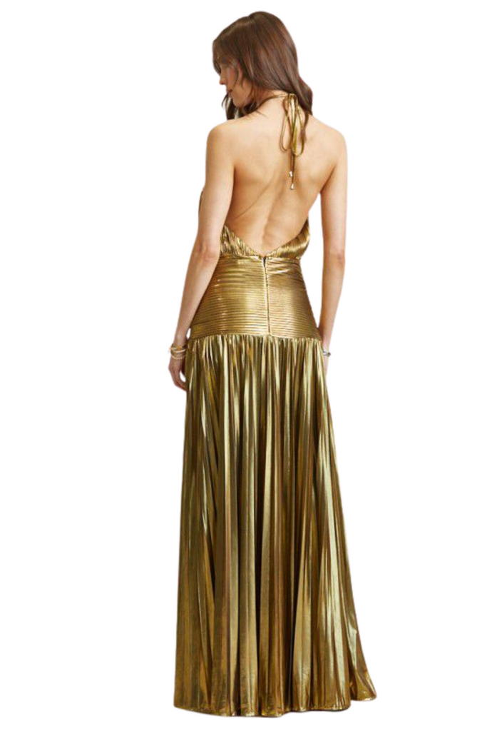 Cat Brooch Metallic Pleated Maxi Dress-DRESS-Intrigue