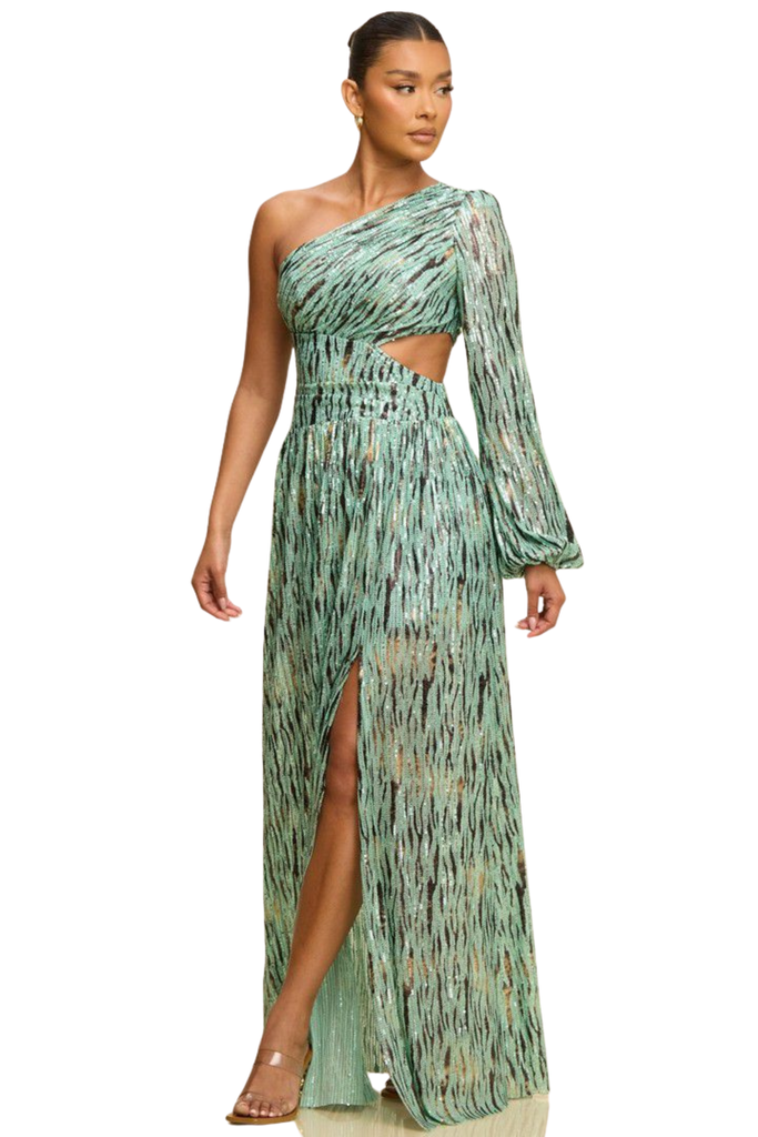 One Shoulder Sequin Mesh Gown-DRESS-Intrigue