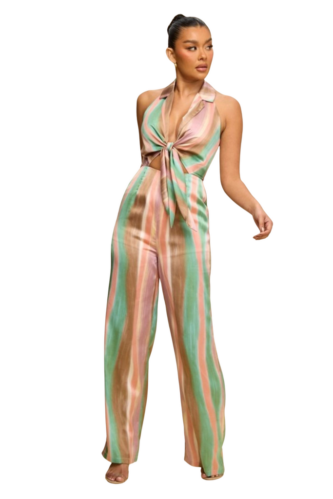 Spring Textured Stripe Tie Front Jumpsuit-Intrigue