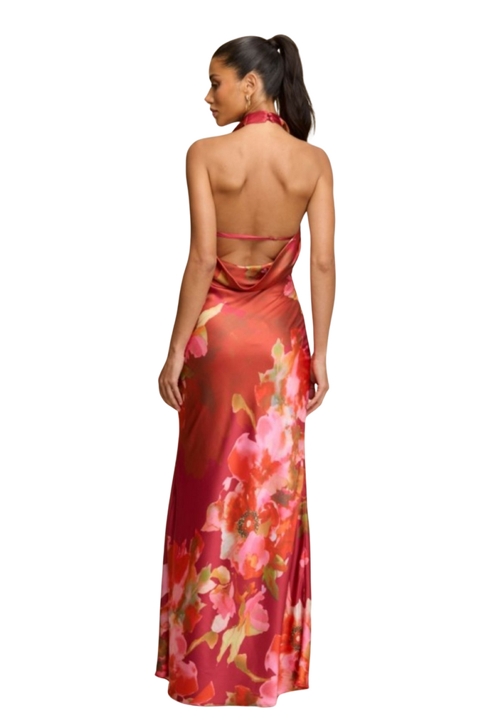 Fall Florals Halter Satin Dress-DRESS-Intrigue