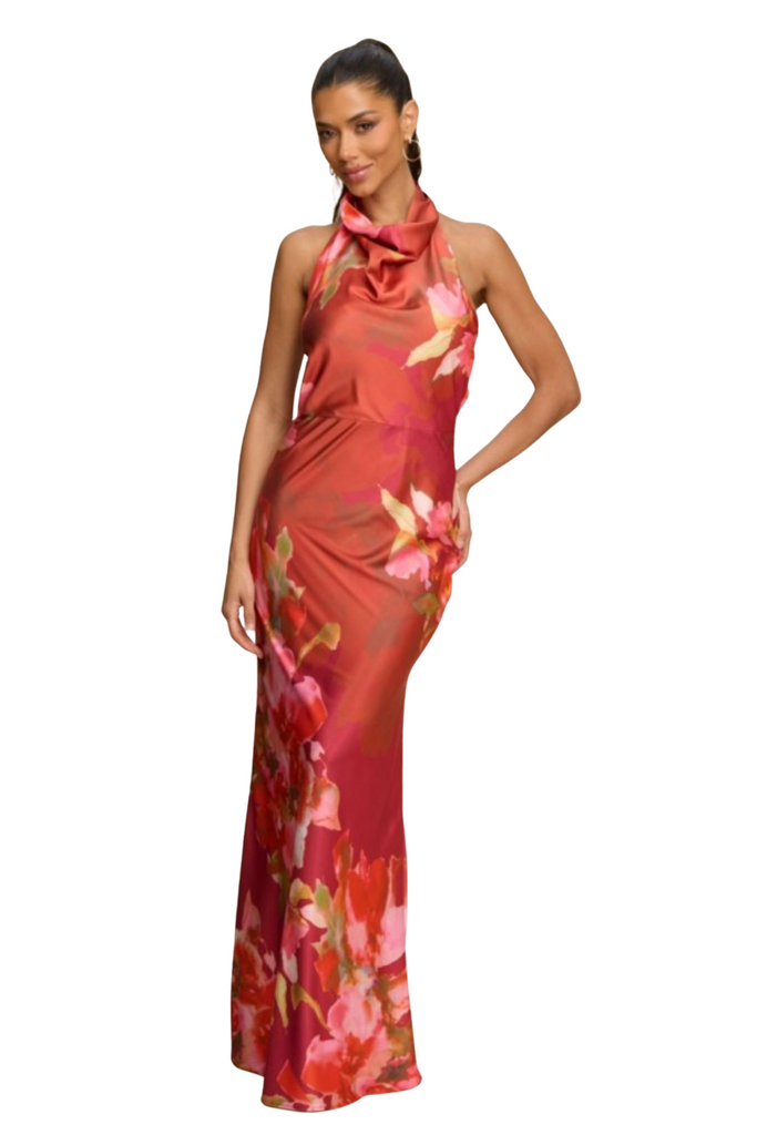Fall Florals Halter Satin Dress-DRESS-Intrigue