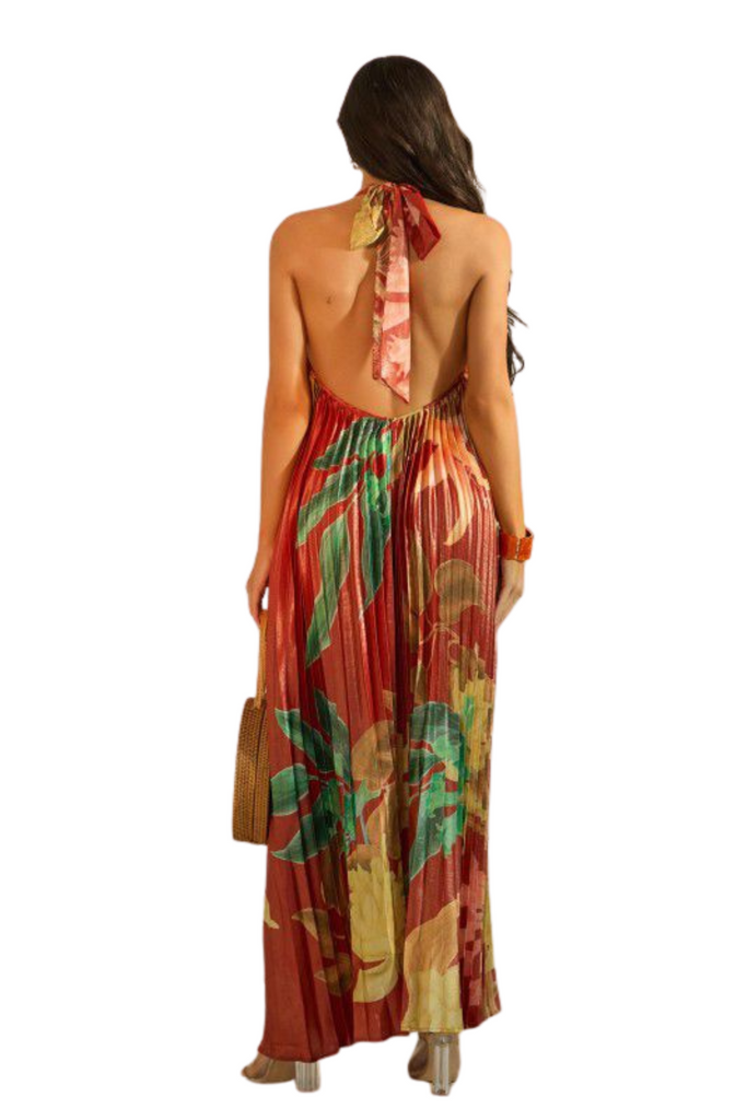 Pleated Floral Print Halter Maxi Dress-DRESS-Intrigue