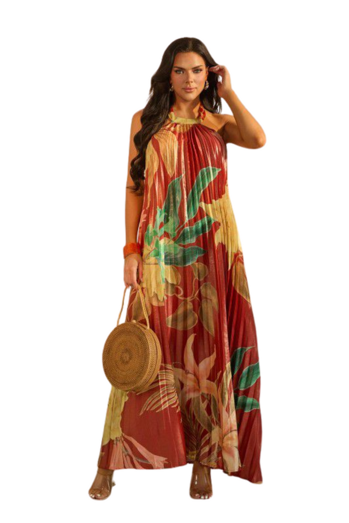 Pleated Floral Print Halter Maxi Dress-DRESS-Intrigue