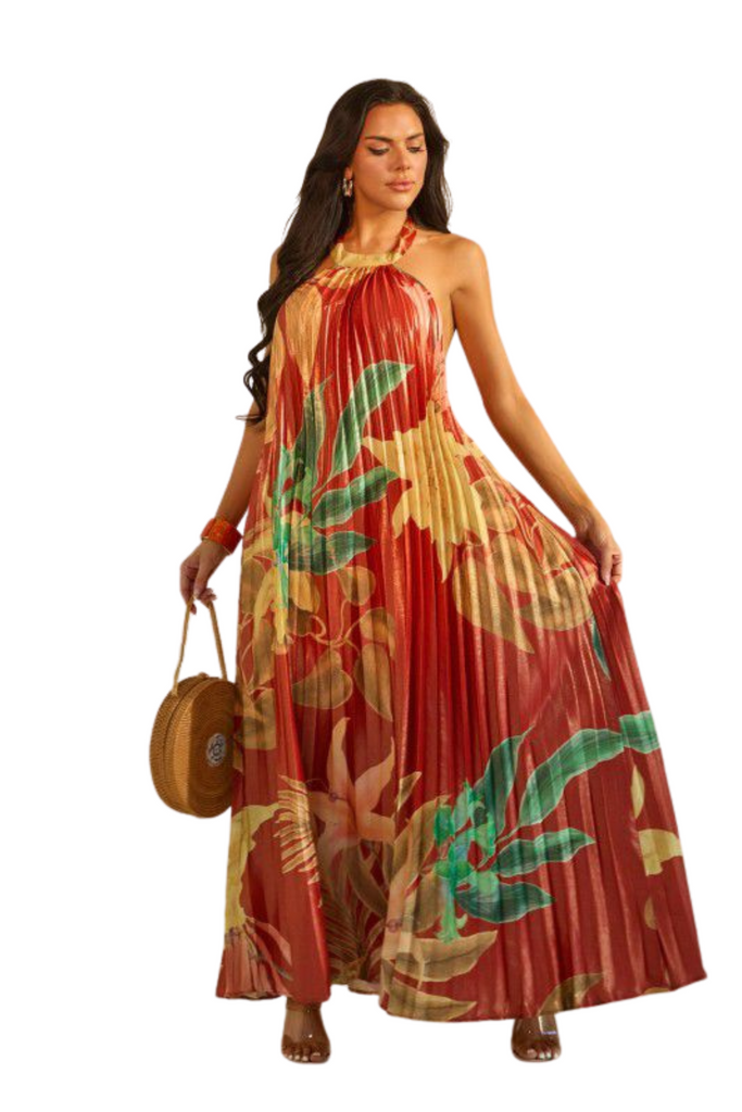 Pleated Floral Print Halter Maxi Dress-DRESS-Intrigue