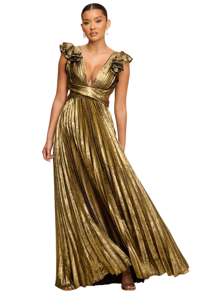 Metallic Pleated Maxi Dress-DRESS-Intrigue
